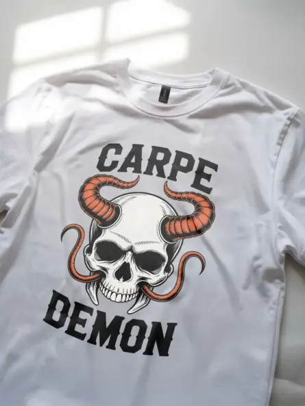 white Shirt Lifestyle Shot – Carpe Demon – carpe demon skull t-shirt