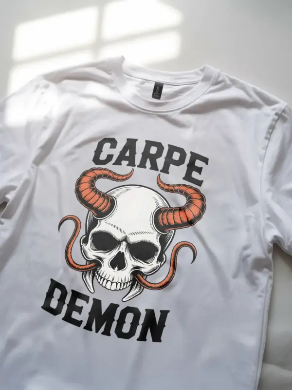 white Shirt Lifestyle Shot – Carpe Demon – carpe demon skull t-shirt