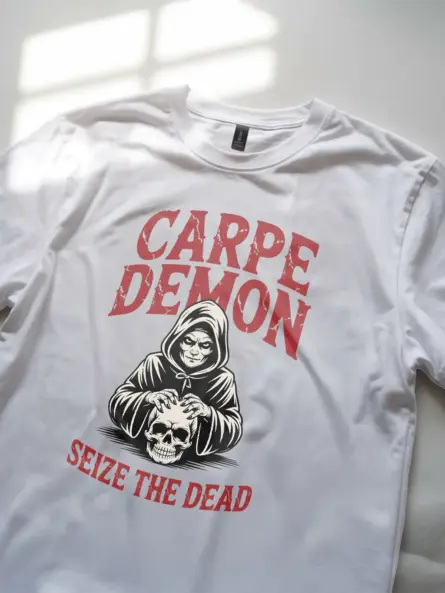 white Shirt Lifestyle Shot – Carpe Demon – carpe demon reaper t-shirt