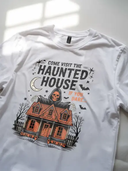 White lifestyle – Halloween fan wearing white haunted house t-shirt at a spooky party