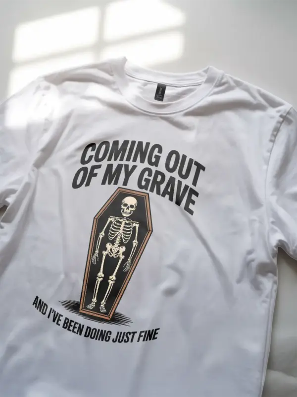 white Shirt – Coming Out of My Grave – funny skeleton coffin t-shirt
