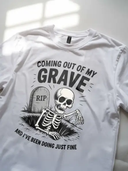 white hilarious Halloween skeleton grave t-shirt