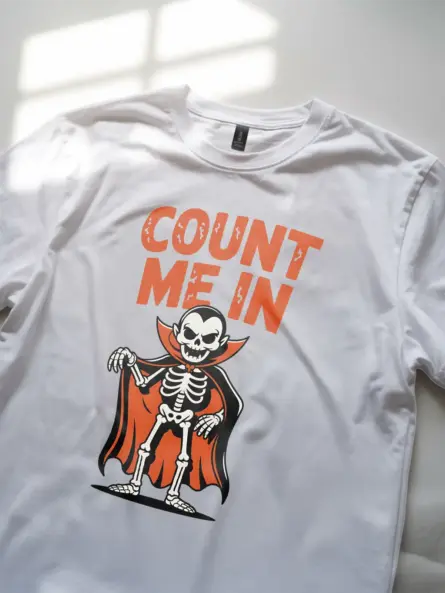 white Shirt – Count Me In – funny vampire skeleton t-shirt
