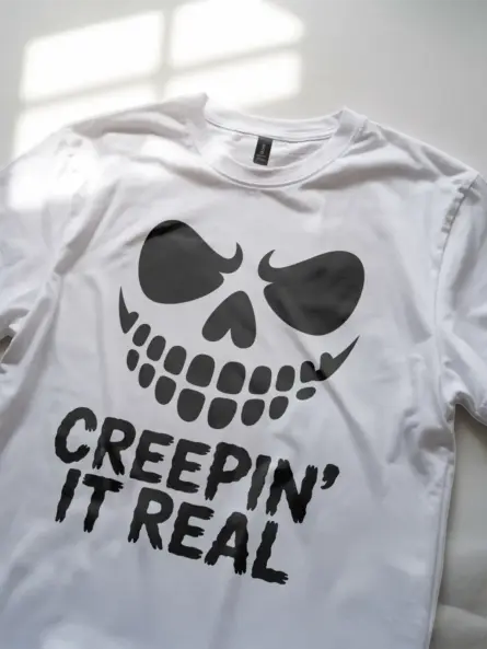 white Creepin It Real Halloween T-Shirt with creepy face