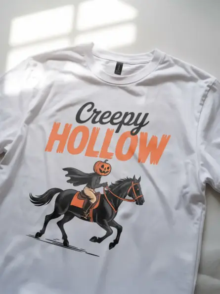 white Creepy Hollow shirt with jack-o'-lantern head rider