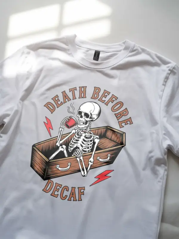 white lifestyle – Retro Meme Coffee Shirt – death before decaf vintage t-shirt