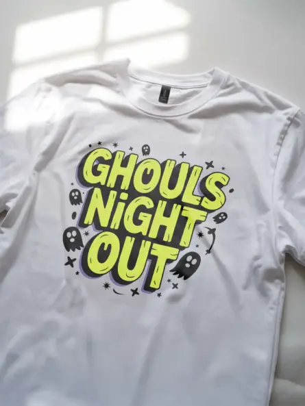 Lifestyle shot white Ghouls Night Out Halloween T-Shirt for millennial women