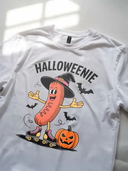 white lifestyle – Halloween Humor Tee for Parents – halloweenie hot dog t-shirt