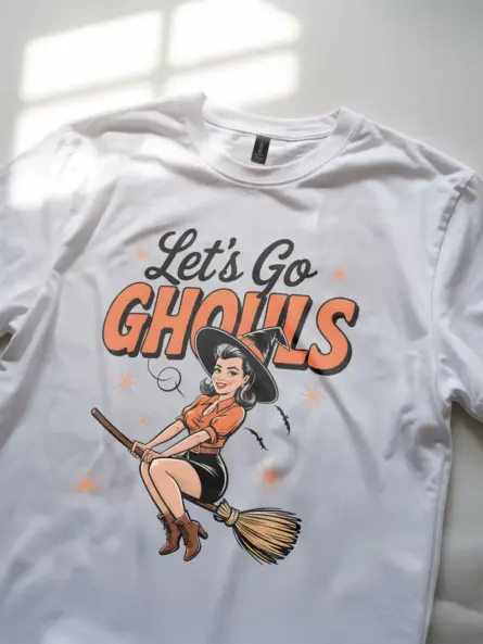 white Let’s Go Ghouls royal blue retro Halloween shirt
