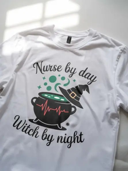 white lifestyle shot nurse by day witch by night t-shirt magical apparel