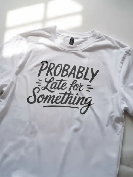 white lifestyle shot probably late for something t-shirt for humor fans