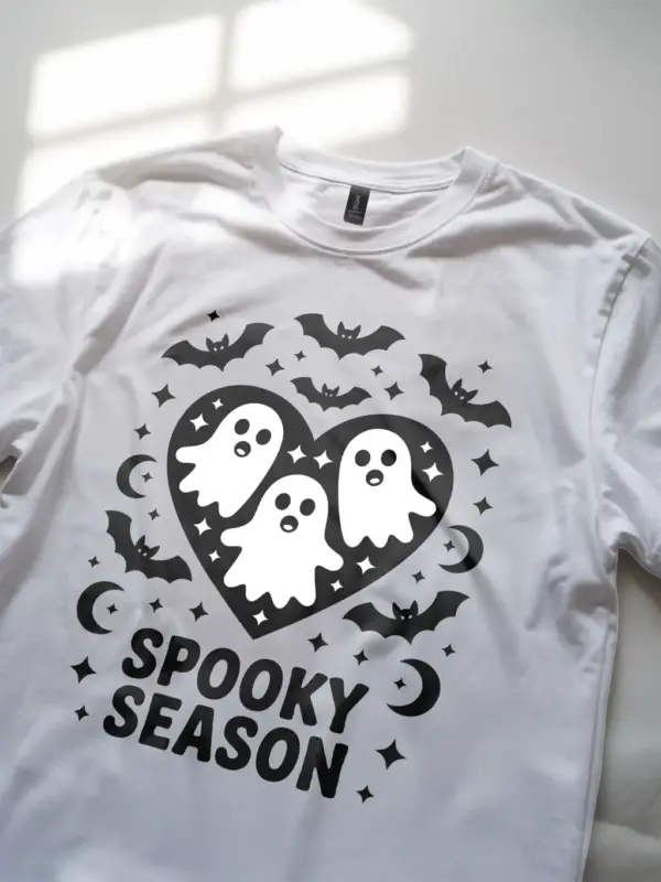 white lifestyle photo – fun bat and moon tee – spooky season ghost shirt
