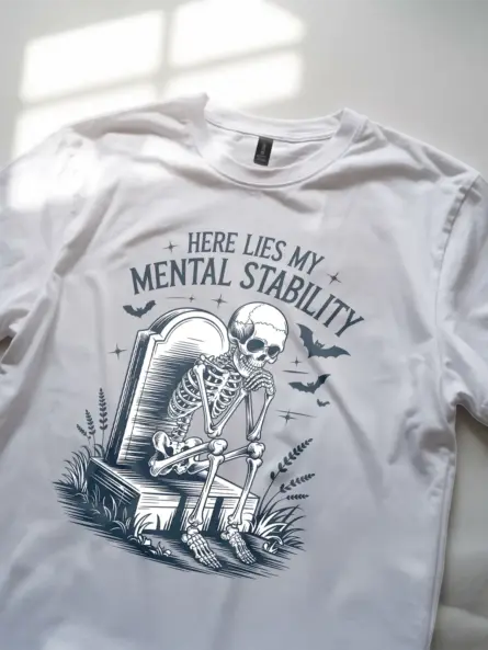 White close-up – vintage graveyard skeleton design mental stability skeleton t-shirt white