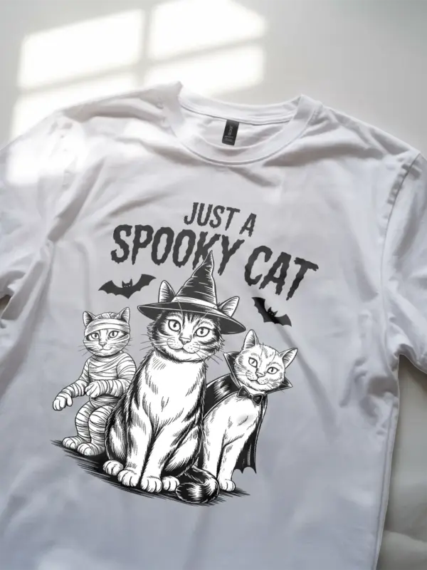 lifestyle – white spooky cat Halloween t-shirt for Halloween events
