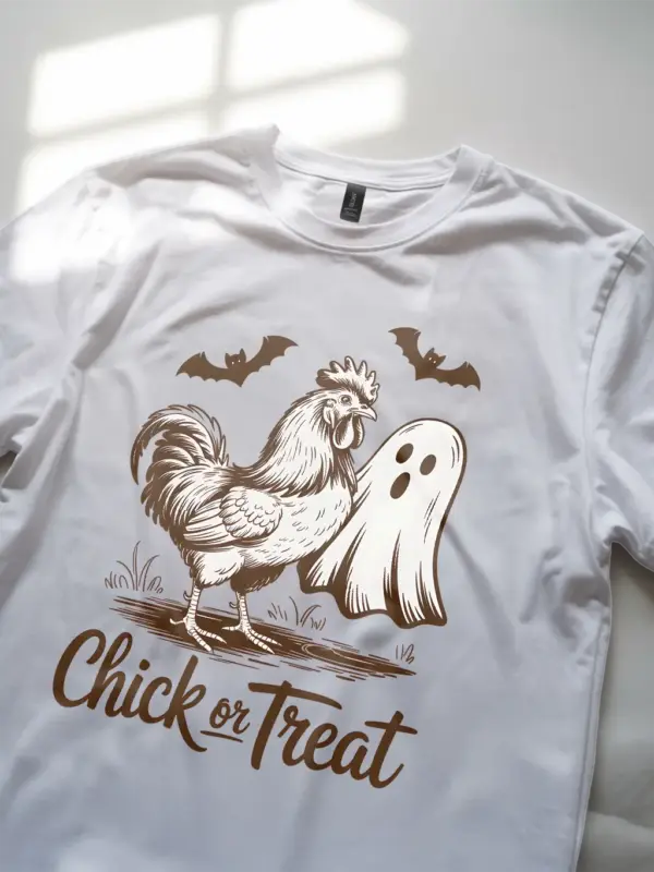 lifestyle – Chick or Treat poultry Halloween shirt in white