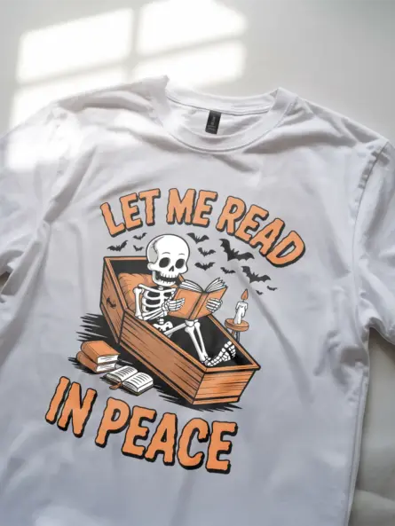 white lifestyle – horror book lover outfit – skeleton reading t-shirt