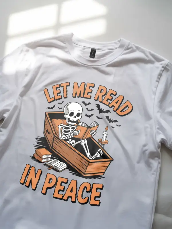 white lifestyle – horror book lover outfit – skeleton reading t-shirt