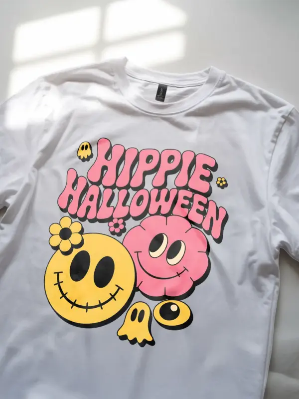 White close-up – pink bubble letters hippie Halloween t-shirt white color
