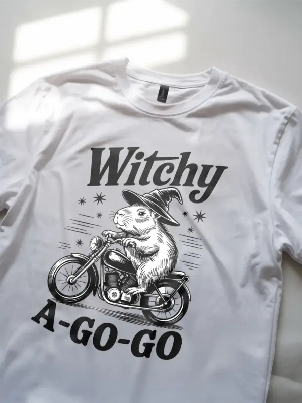 White lifestyle shot – Witchy A Go Go witchy capybara t-shirt