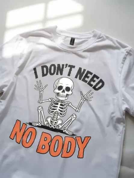 White close-up – hand-drawn skeleton shrug retro pun tee white