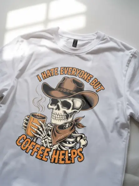 Grungy Skeleton Cowboy Coffee T-Shirt – Funny Anti-Social Vintage Tee - Image 12