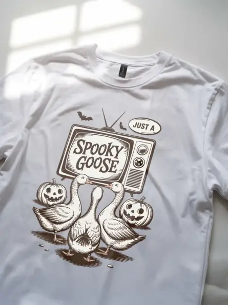 close-up – vintage-style goose trio on white spooky goose Halloween t-shirt