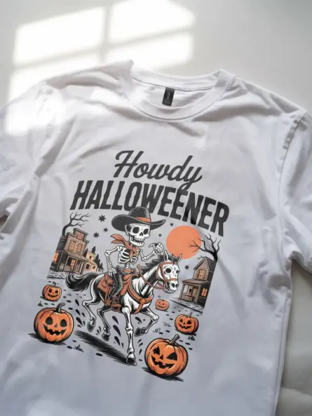 White lifestyle – spooky cowboy riding horse Halloween tee white