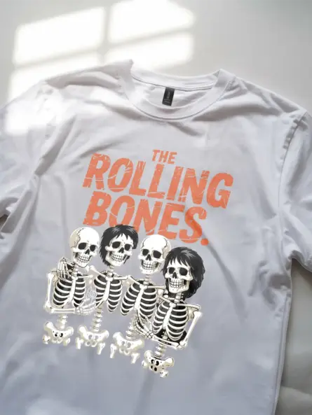 close-up – The Rolling Bones text detail on white Halloween rock band t-shirt