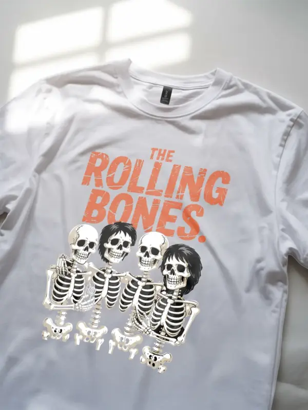 close-up – The Rolling Bones text detail on white Halloween rock band t-shirt