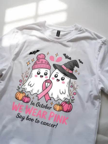 white lifestyle photo – in October we wear pink shirt – pink ghost breast cancer shirt