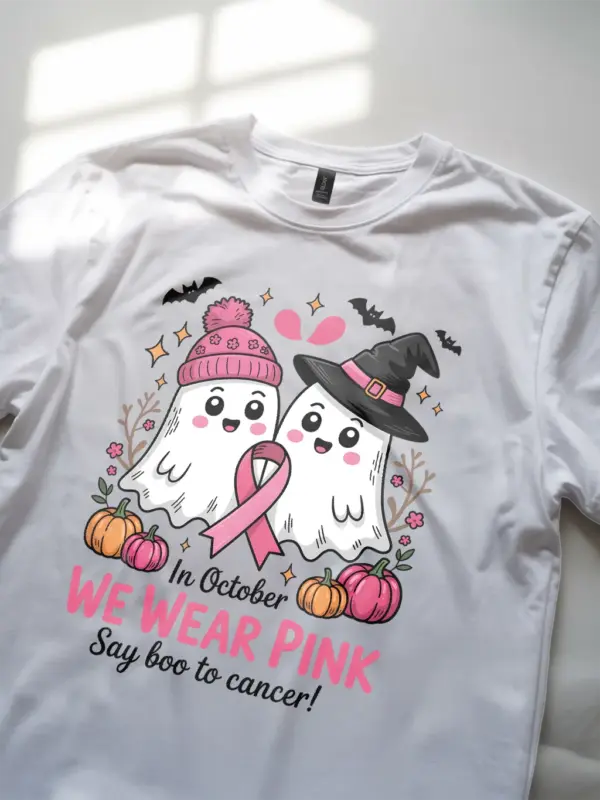 white lifestyle photo – in October we wear pink shirt – pink ghost breast cancer shirt
