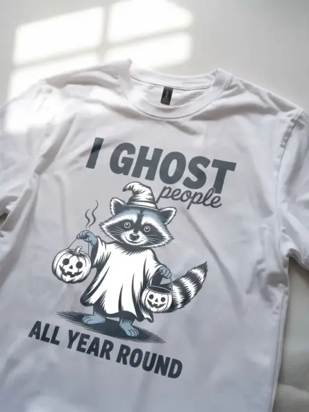 White close-up – vintage-style raccoon ghost t-shirt with text white