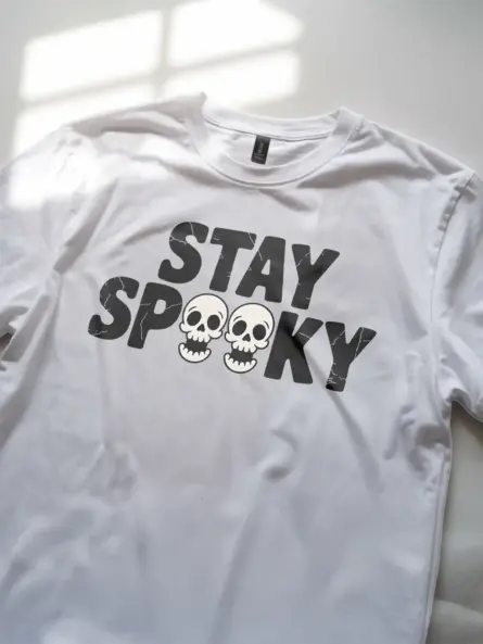 White angled view – distressed skull art stay spooky shirt on white tee