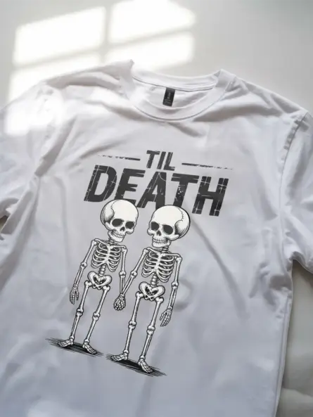 close-up – distressed font and skeleton detail on white gothic skeleton couple t-shirt
