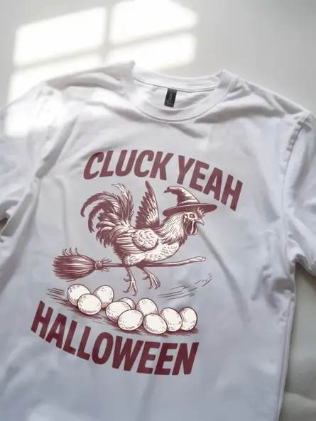 white rooster on broomstick Halloween shirt royal blue