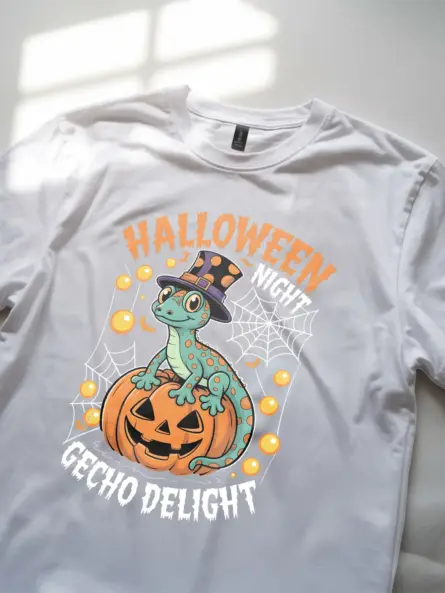 white lifestyle shot - fun cartoon gecko in hat - gecko halloween t-shirt
