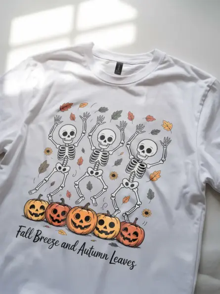 Whimsical Dancing Skeleton Fall Shirt – Cozy Autumn Leaves Tee - Image 11