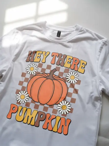 Hey There Pumpkin Shirt – Retro Fall Tee with Checkered & Daisy Design - Image 11