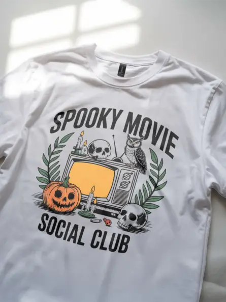 white Lifestyle image – spooky movie social club t-shirt perfect for movie marathons