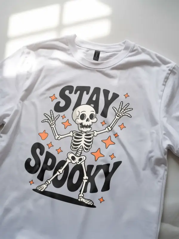 lifestyle – fun white spooky cute Halloween shirt worn to event