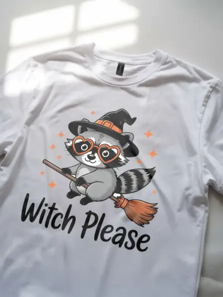 white Chibi Raccoon Witch Tee – witch please raccoon t-shirt