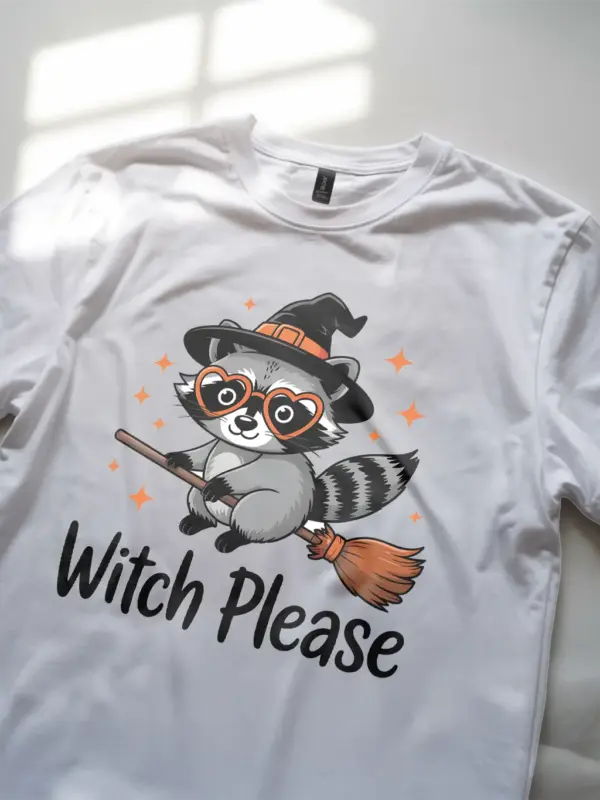 white Chibi Raccoon Witch Tee – witch please raccoon t-shirt