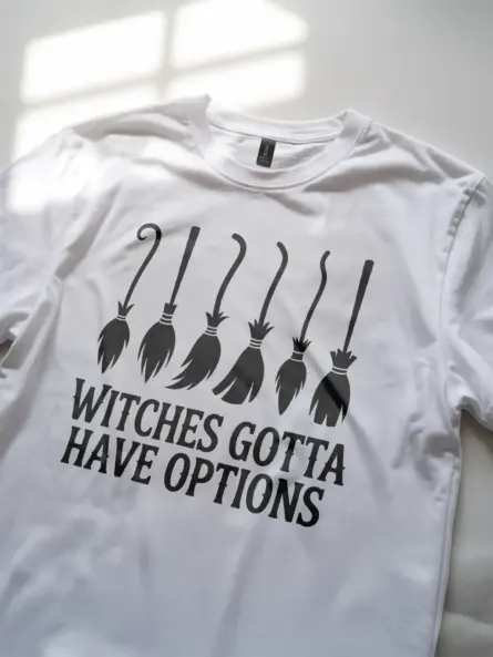 white Lifestyle photo of astrology fan wearing funny witch broomstick shirt