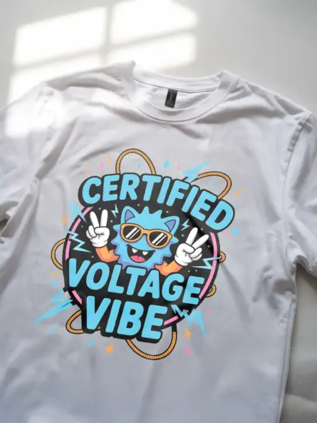 White Certified Voltage Vibe Shirt Lifestyle – buy funny electrician shirt with cartoon mascot online