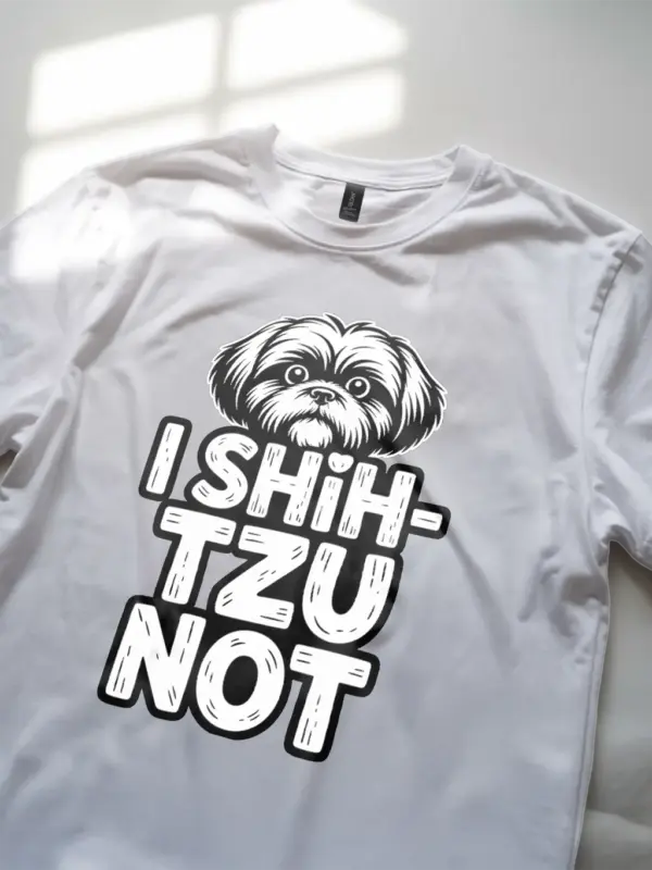 white lifestyle – wearing funny Shih Tzu t-shirt with pun and dog graphic