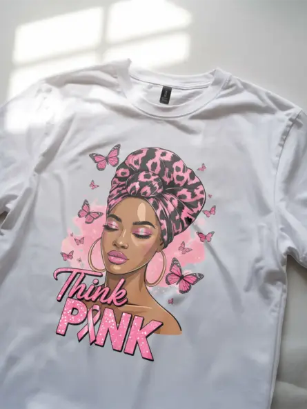 White Shirt Think Pink Breast Cancer Shirt Lifestyle Photo