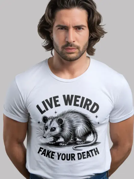white front view live weird fake your death shirt gothic opossum graphic