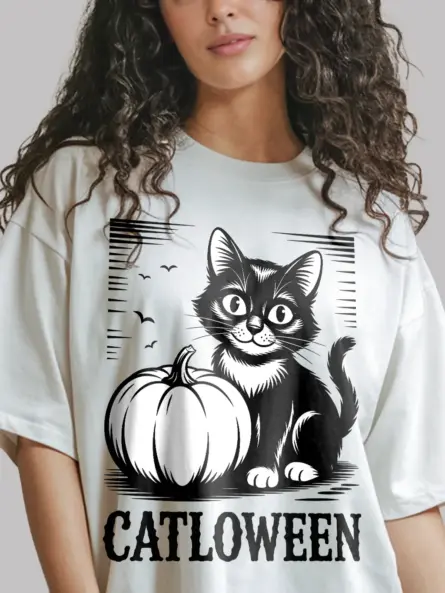 White close-up – linocut black cat pumpkin vintage cat Halloween shirt white