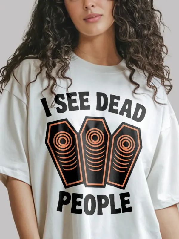 Front view White I See Dead People Coffin Halloween T-Shirt – minimalist halloween design