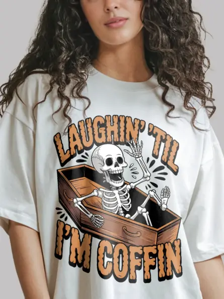 white resting in pieces skeleton tee front print – funny skeleton halloween shirt